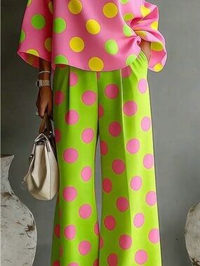 SHEIN Lime Green Wide-Leg Pants with Pink Polka Dots